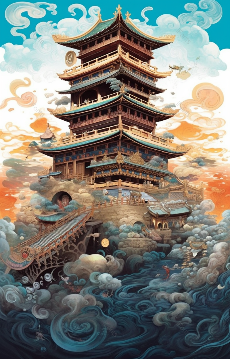 壮观的古建筑国潮中国风建筑插画背景,插画/手绘图,插画/手绘图库,插画/手绘图下载,插画/手绘